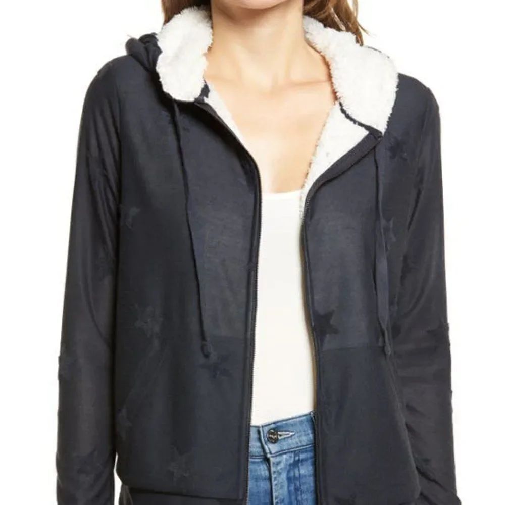 Bobeau Faux Shearling Zip Up Hoodie Jacket in Denim Stars - NEW